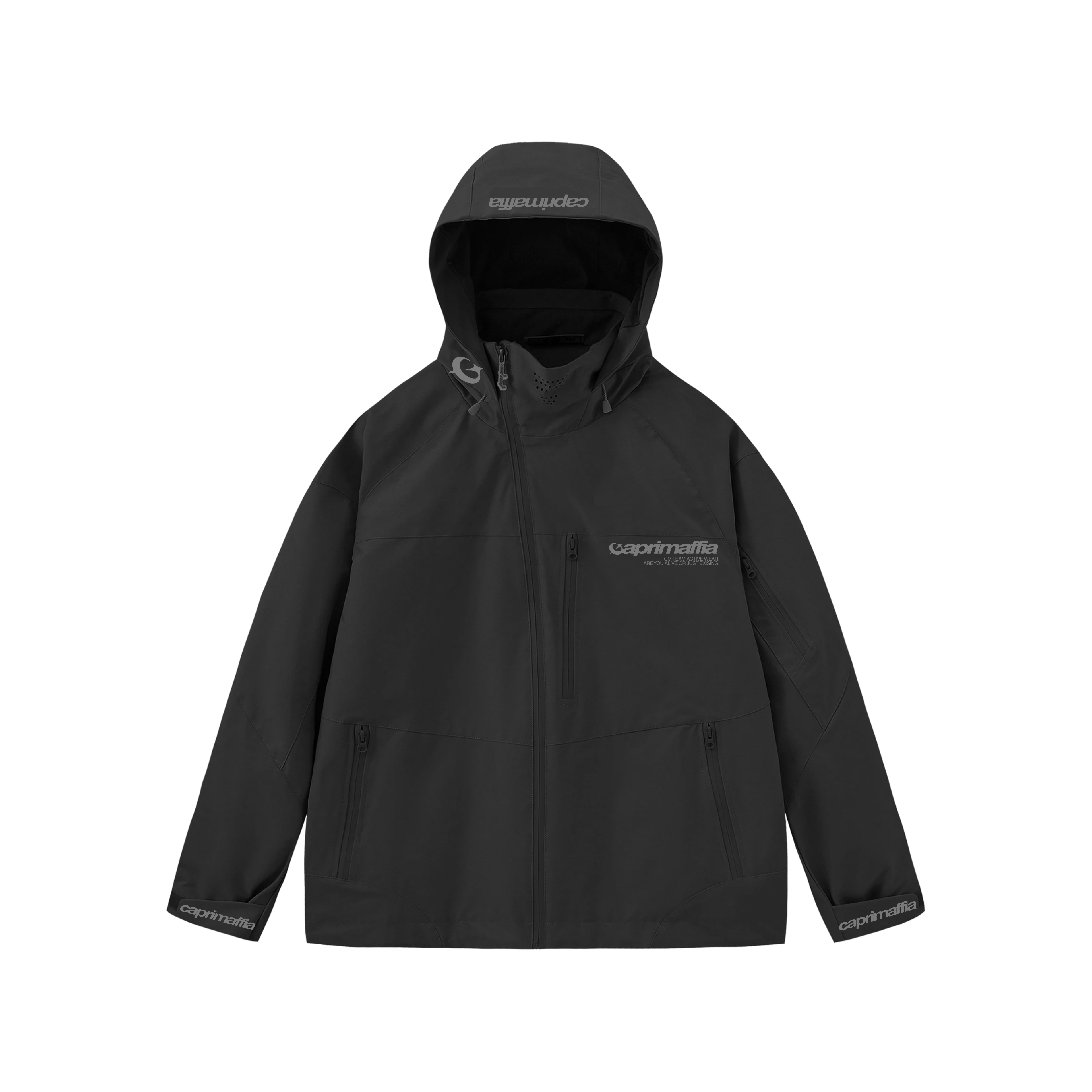 Chubasquero negro streetwear CAPRIMAFFIA - windbreaker urbano frontal